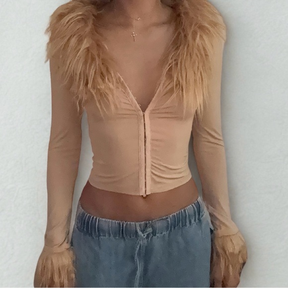 Beige Long Sleeve Top with Faux Fur Accents - Picture 2 of 3